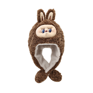 儿童帽子围巾一体女孩冬男labubu拉布布吐吹泡泡捏耳朵会动的围脖