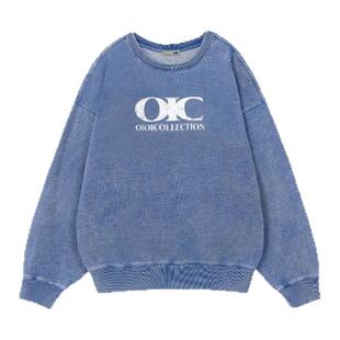 【现货】GROVE EDGE秋季新款韩国设计师丹宁印花卫衣宽松卫裤套装