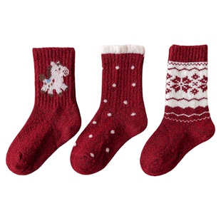 女童袜子新年红色秋冬加厚保暖羊毛袜儿童本命年马年费尔岛中筒袜