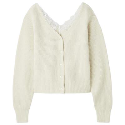 FRAY I.D2025秋冬新品优雅气质V领蕾丝拼接针织开衫FWNT254049