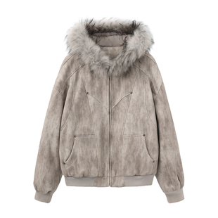 COCKTAIL美式墨染连帽复古座山雕夹克冬季复古重磅保暖加绒外套潮