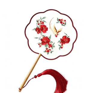 忆红妆舞蹈扇子团扇绣花红花鸟刺绣汉服旗袍古装儿童中国风舞蹈圆