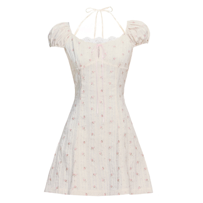 易碎商店·米色碎花泡泡袖连衣裙