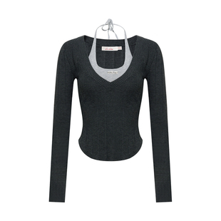 马秋元同款Liilou clean fit 羊毛混纺 假两件撞色挂脖系带打底衫