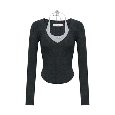 假两件撞色挂脖系带长袖打底衫