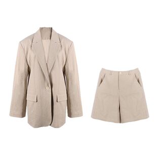 DeesseSicile 卡其色老钱风棉麻阔型西装外套/烟管短裤休闲套装女