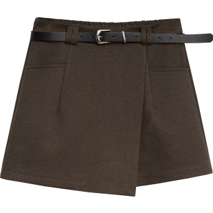 毛呢质感裙裤女半松紧高腰不对称靴裤复古百搭设计感腰带休闲短裤