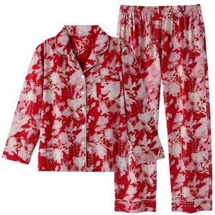 睡衣女士春秋款纯棉长袖女款秋季中年妈妈秋冬薄款大码红色家居服