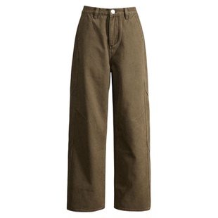 美拉德棕咖色加绒阔腿弯刀牛仔裤女2025冬季新款高腰垂感拖地裤子