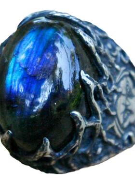 天然拉长石宝石狮子动物图章戒指