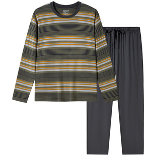 SCHIESSER舒雅男士莫代尔条纹圆领宽松透气加大码睡衣家居服套装