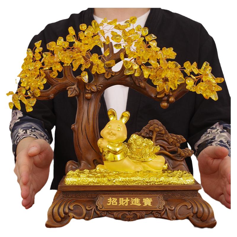 招财生肖兔子发财树摆件