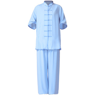 夏季细麻纱中袖太极服女练功服中老年男款短袖矮领晨练武术拳服装