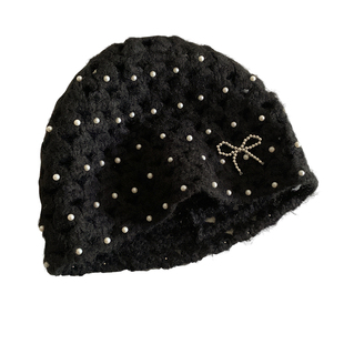 珍珠蝴蝶结镂空针织帽女秋冬韩版百搭显脸小毛线帽大头围黑色帽子
