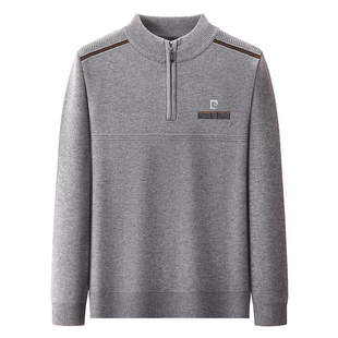 皮尔卡丹高档羊毛衫男士冬季加绒加厚毛衣半高领拉链中年保暖上衣