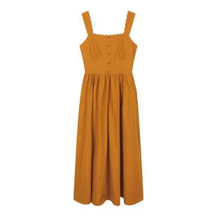 弥古宽肩带橙色连衣裙法式收腰吊带长裙女夏季高级感海边度假裙子