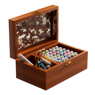 复古高档实木镂空家用针线盒套装多功能便携针线包收纳盒结婚陪嫁