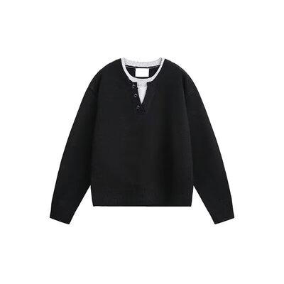 美式重磅假两件小众设计感纯色毛衣男女春复古休闲宽松针织衫长袖