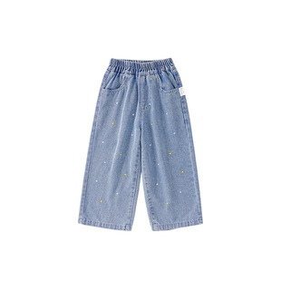 皇室童缘女童星星直筒牛仔裤春秋季新款儿童百搭长裤中大童洋气