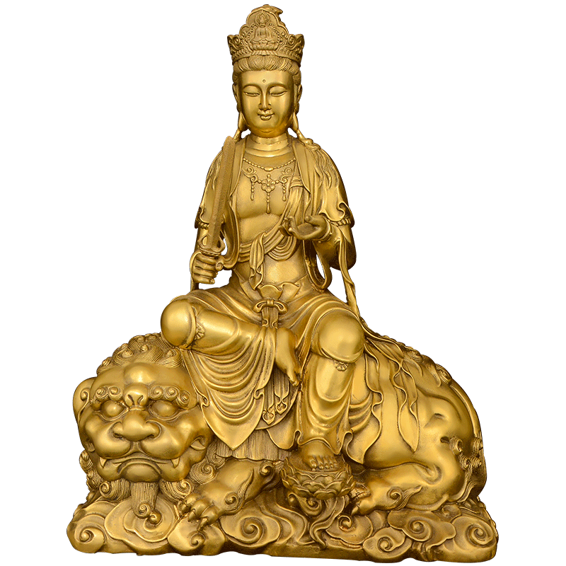黄铜文殊普萨佛像摆件普贤菩萨像华严三圣铜像家用佛堂供奉大号