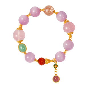 LEFTGO左戈天然粉水晶紫锂辉红发晶南红手串女S925银镀金多宝手链