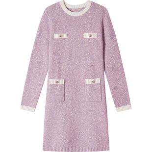 Goodland美地女装冬季香芋紫拼色针织圆领h型连衣裙