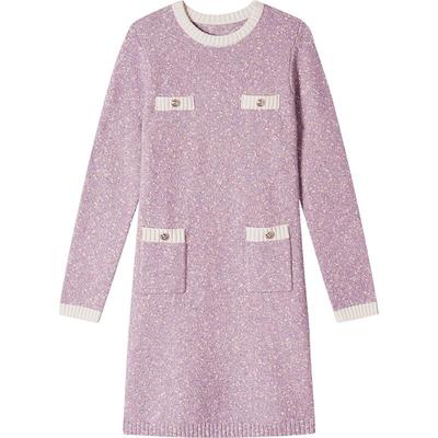 Goodland美地女装冬季香芋紫拼色针织圆领h型连衣裙