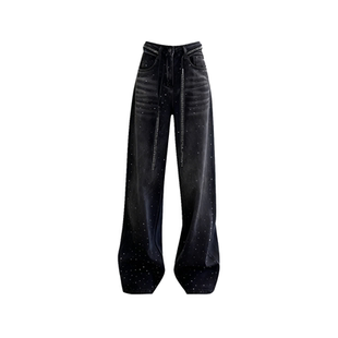 黑色满天星烫钻阔腿牛仔裤女微胖穿搭宽松遮胯显瘦不贴腿拖地裤子