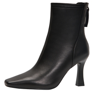 yuguo果同款百田森洋气小短靴加绒白色靴子真皮瘦瘦靴秋冬高跟鞋