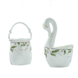 金岚玉唐山骨瓷刀叉收纳花篮小勺笼天鹅大勺盒陶瓷勺子筒餐桌置物