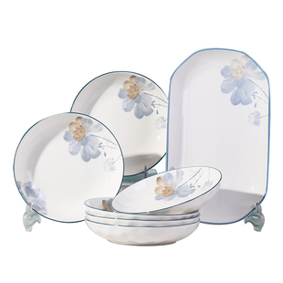 中式釉下彩盘子菜盘家用2025新款鱼盘陶瓷深餐盘蒸鱼碟子组合套装