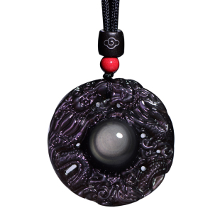 正品黑曜石双龙护主吊坠龙生肖挂坠项链男士转运珠金曜石黑耀石男