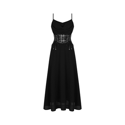 安妮不火 墨羽纤腰高级感收腰荡领吊带裙女微胖大码黑色吊带长裙