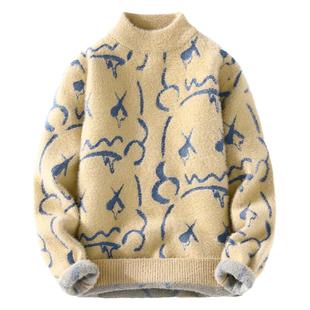 青少年水貂绒毛衣男秋冬季半高领打底衫加绒加厚大童秋装保暖线衣