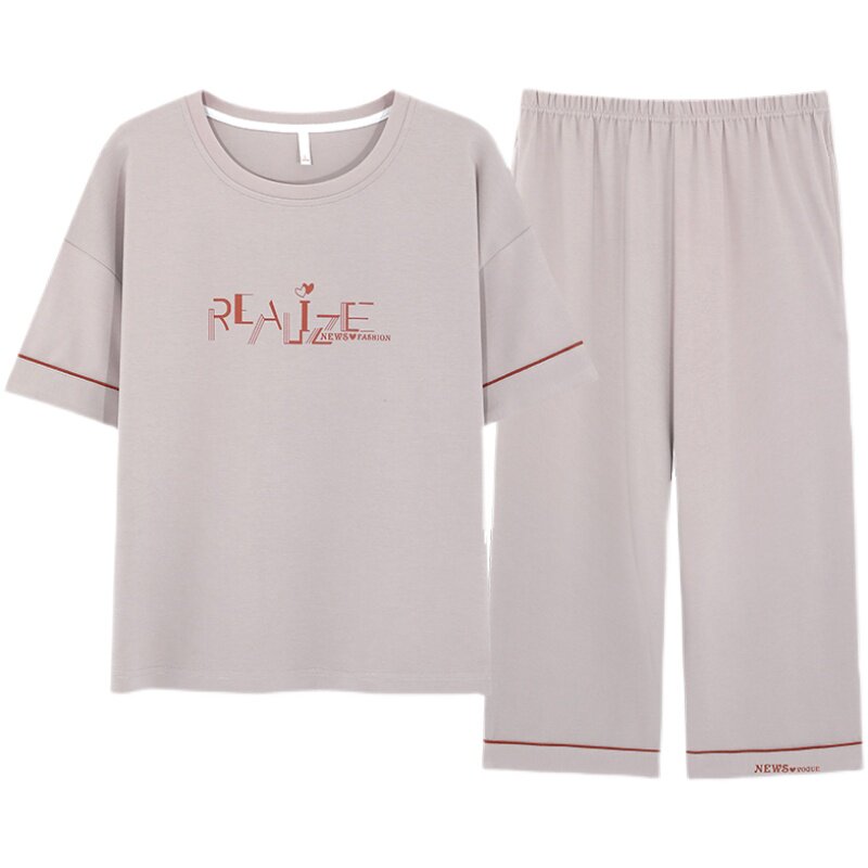 猫人女士睡衣夏季纯棉短袖七分裤中年妈妈家居服夏天薄款全棉套装