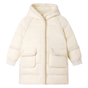 安奈儿女童装长款连帽羽绒服冬季款毛绒拼接口袋拉链外套