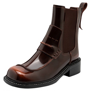 皮尔卡丹擦色光感切尔西靴复古真皮方头短靴舒适英伦风骑士靴女鞋