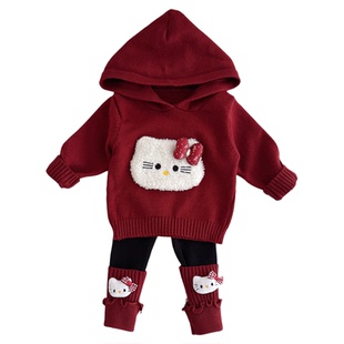 女宝宝针织连帽衫超好看女童红色毛衣套装秋冬婴儿毛线衣两件套