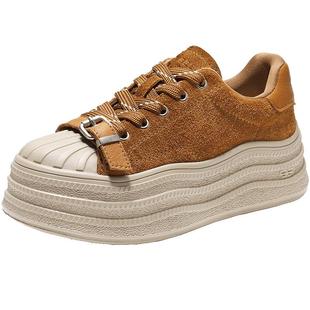 百丽厚底增高板鞋秋冬女款真皮绒面新款贝壳头休闲饼干鞋B2932CM5