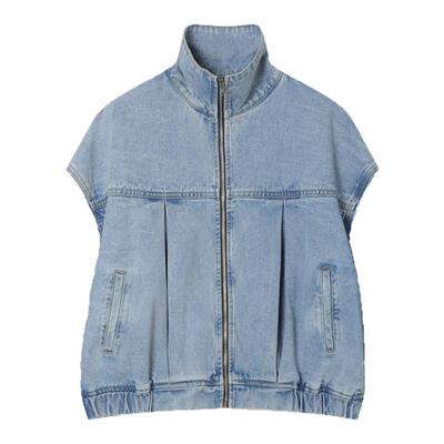 redref 无袖拉链高领翻领水洗浅蓝色牛仔马甲