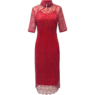 小鹿弥雅 胭脂扣 气质复古改良亮片蕾丝新娘礼服红色写真旗袍敬酒