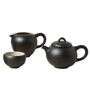 陆宝陶瓷镜清缘心壶茶组一壶六杯一公道杯雅致黑家用整套茶具套装