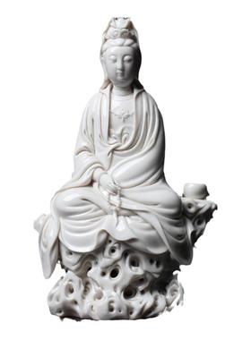 戴玉堂陶瓷摆件《坐岩捻珠观音》苏友德德化白瓷观音佛像艺术品