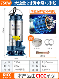 高扬程灌溉220抽水泵污水泵井家用小型农用潜水泵水v排不锈钢新款