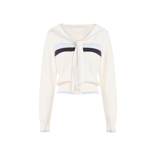 张小婉同款 Kroche 定染蕾丝花边 海军领系带披肩撞色毛衣开衫