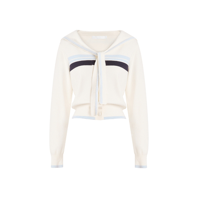 海军领系带披肩撞色毛衣开衫