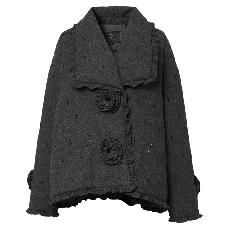 2026冬季新款轻奢翻领长袖立体花点缀短款毛呢鹅绒羽绒服外套女