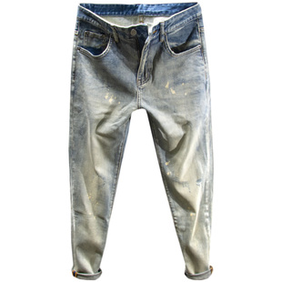 三古木棉 春秋大码做旧复古刮烂牛仔裤男修身小脚破洞裤子男潮牌