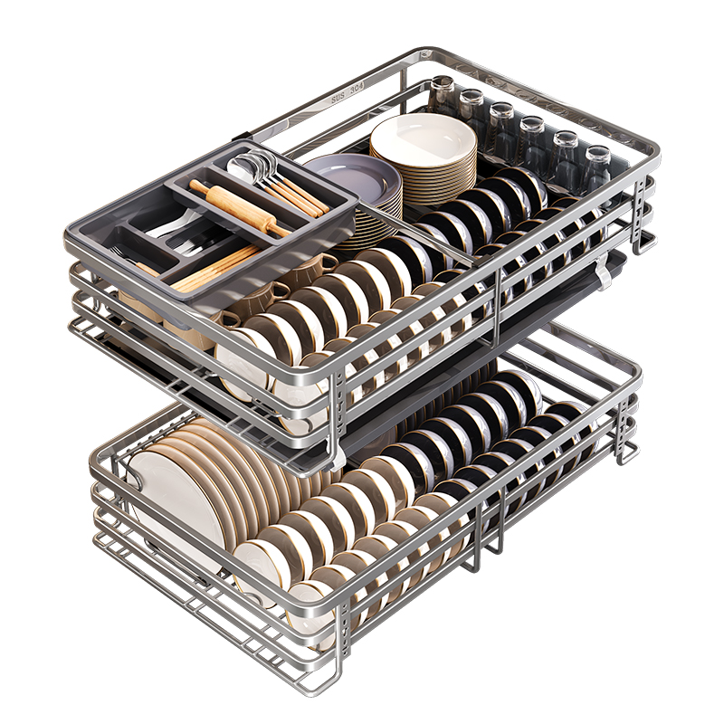 尔沫拉篮厨房橱柜304不锈钢双层碗篮碗架抽屉式调料碟碗枪灰拉蓝