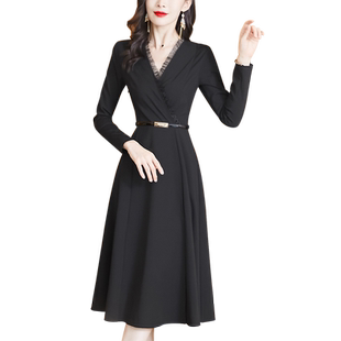 黑色长裙春装2026新款连衣裙长款V领收腰显瘦气质A字赫本风小黑裙